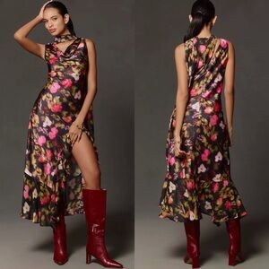 bhldn tiana one-shoulder satin kaftan mini dress Bhldn Tiana One-Shoulder Satin Kaftan Maxi Dress - Blue Floral